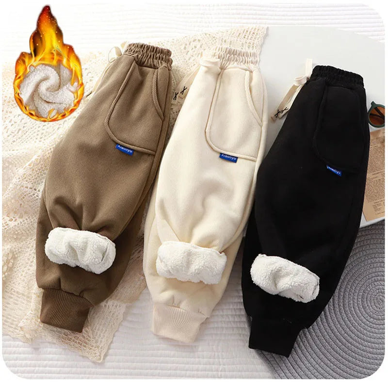 Kids Padded Pants Boys Girls Plus Velvet Thick Warm Trousers Autumn Winter Sport Casual Pants Children Clothes 3-12 Years