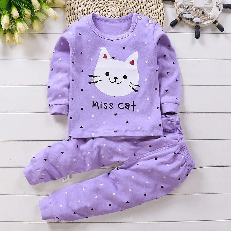 Girls Pink Pajamas Suits Long Sleeve Underwear New Child Casual Cotton Soft Tops+Pants Baby Cartoon Print Home Wear Two Piece
