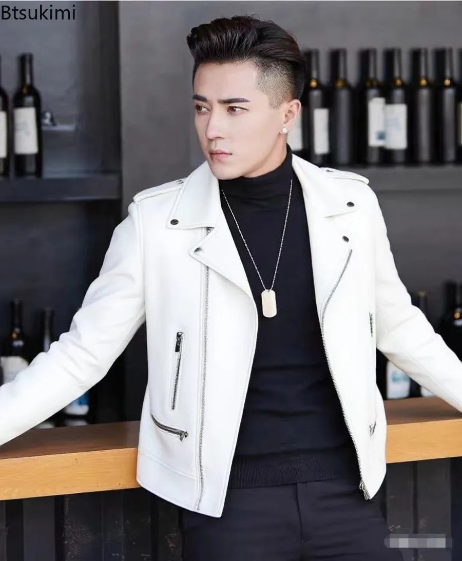 Men's PU Leather New Leather Jacket Sheep Suit Motorcycle Leather Coat Male Streetwear Regular Slim Handsome Large Size Jacket