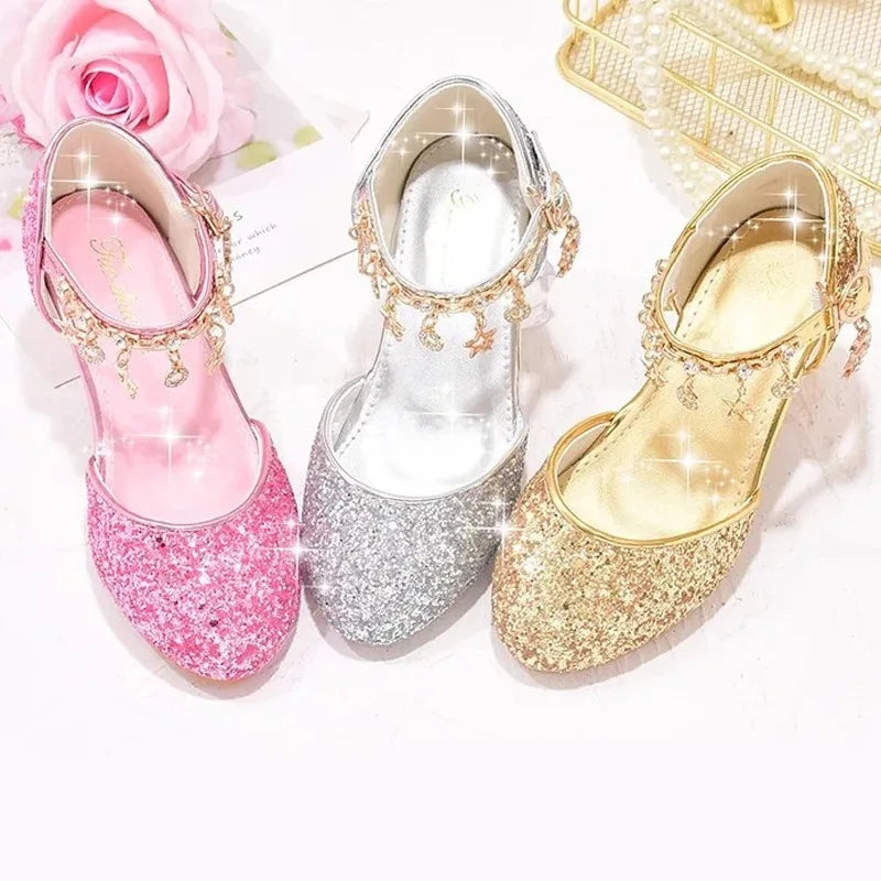 Dancing Shoes Due To Gold for Girls Glitter Shoes Heels Girls Princess Flowergirl Dresses Golden Girl Child Shoe for Wed