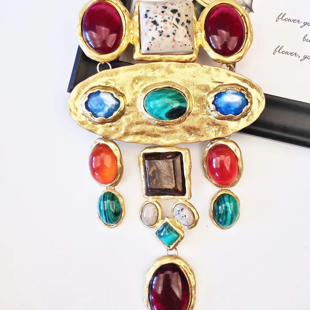 Women's Fashion Jewelry Gold Color Metal Colorful Gem Stone Beaded Chunky Pendant Drop Earrings and Long Large Bib Necklace Set