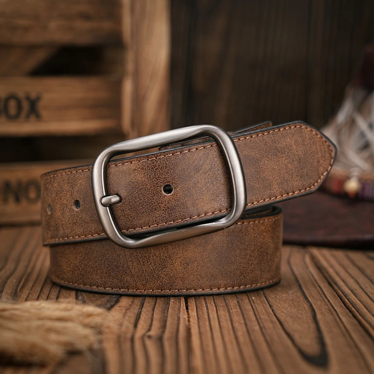Men - Women - Western Denim - PU Leather - Belt - Vintage Jeans with Carved Buckle Brown Belt