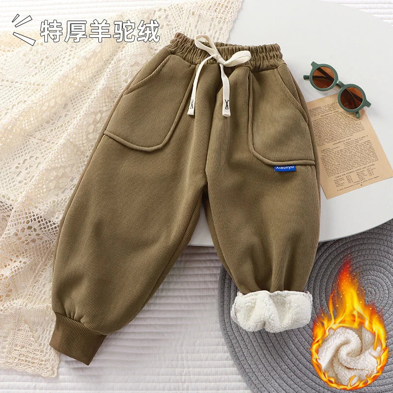 Kids Padded Pants Boys Girls Plus Velvet Thick Warm Trousers Autumn Winter Sport Casual Pants Children Clothes 3-12 Years