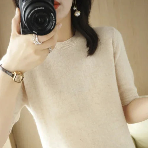 2025 Spring Summer Womens Sweater Short Sleeve O-neck Slim Fit Knitted Pullovers Bottoming Casual Knitwear Camel Pink Clothes