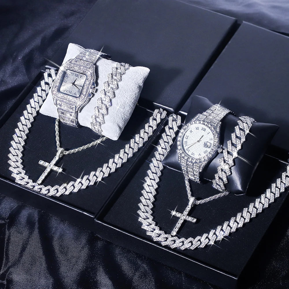 Hip Hop Men's Watch Jewelry Gift Set Glitter Silver Quartz Watch with Cross Pendant Necklace Street Punk Luxury Party Accessory