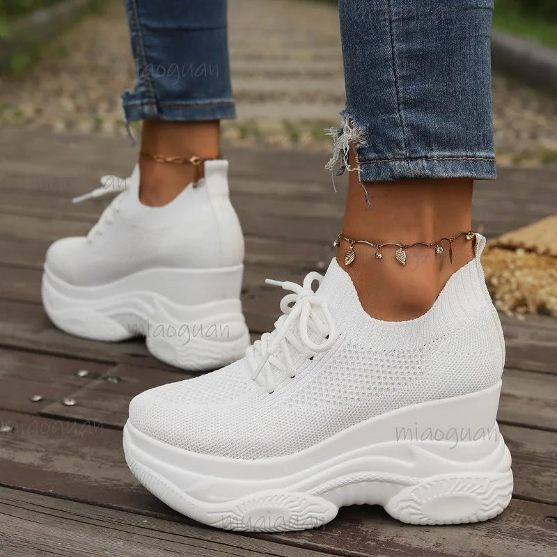 Black Knitted Wedges Heel Sneakers Women Spring Autumn Breathable Chunky Platform Sneakers Woman Slip on Mesh Sports Shoes 35-42