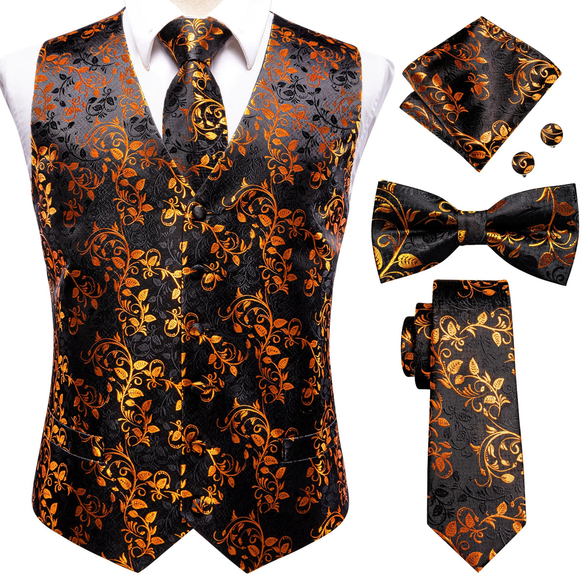 Luxury Gold Mens Suit Vest Red Blue Green Yellow Red Waistcoat Tie Bowtie Hanky Cufflinks Set Male Waist Jacket Wedding Office