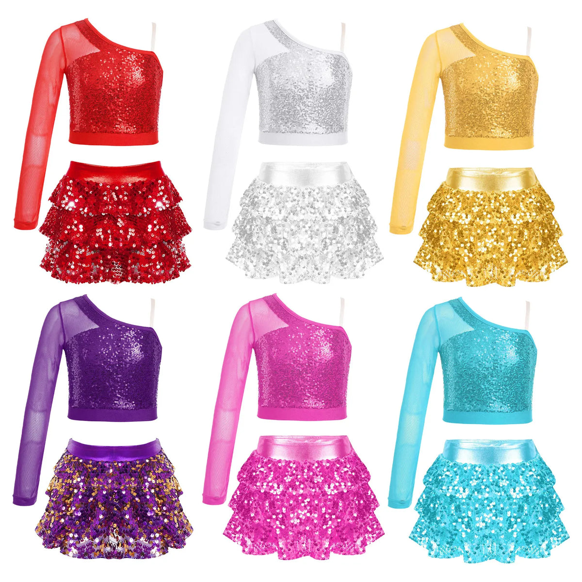 Kids Girls Dance Dresses Latin Jazz Modern Dance Show Costume Sequin Long Sleeve Crop Tops and Skirted Culottes Cheer Dancewear