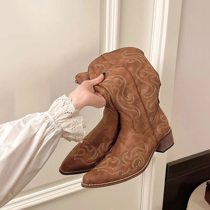 Embroidered Western Cowboy Boots for Women Autumn Pointed Toe Thick Heel High Knee Boots Woman Loose PU Leather Long Botas Mujer