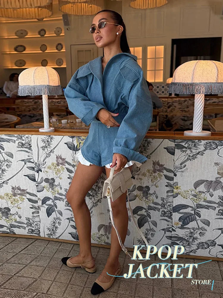 Women Fashion Ruffle Patchwork Coat Shorts Suit Long Sleeve Lapel Crop Tops Lady Set 2026 Summer Autumn New High Street Wear