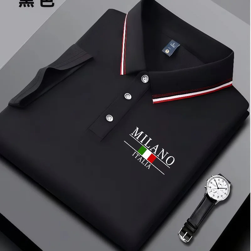 Summer men's trendy polo shirt with Italian Milan print, striped collar, summer breathable casual business top