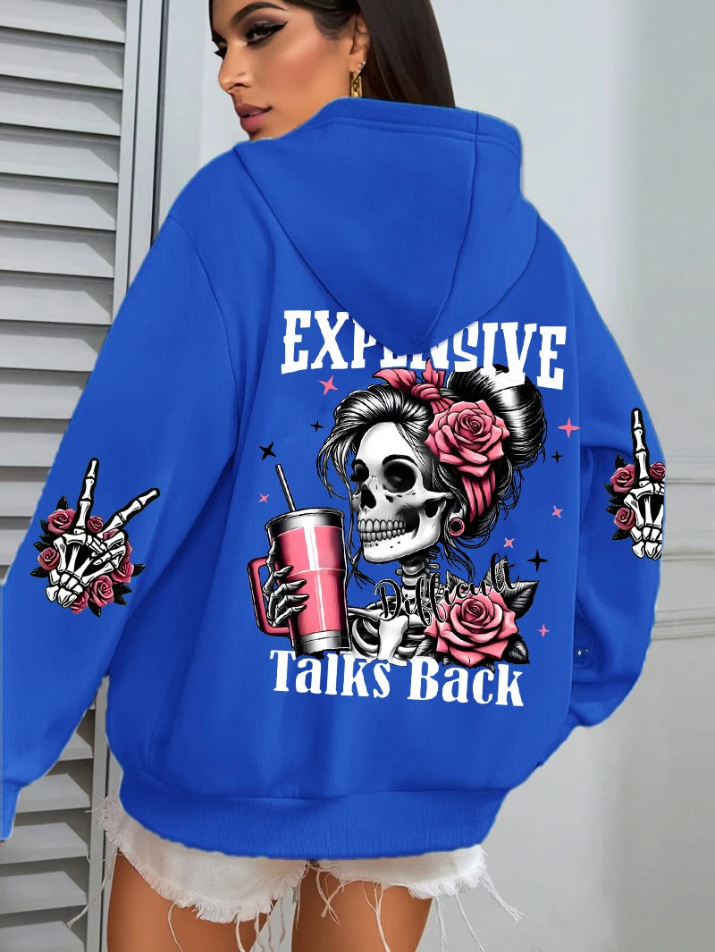 Expensive Talks Back Funny Printing Womens Plus Size Hoodie Multicolor Pullovers Fleece Autumn Sportswear Casual Pocket Hoody