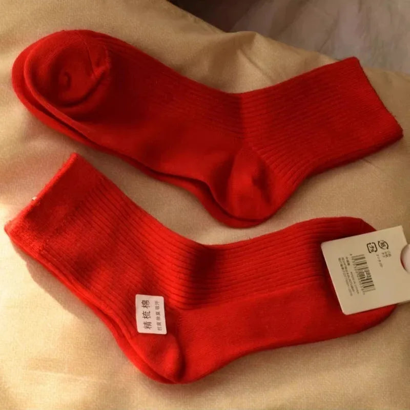Men Women Red New Year Cotton Socks Breathable Sports Comfortable Festival Zodiac Casual Lucky Red Floor Strip Mid-calf Socks
