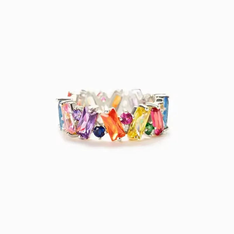 New Irregualr Design Colorful CZ Women Rings Gold Color/Silver Color Geometric CZ Rainbow Rings Luxury Trendy Exquisite Jewelry