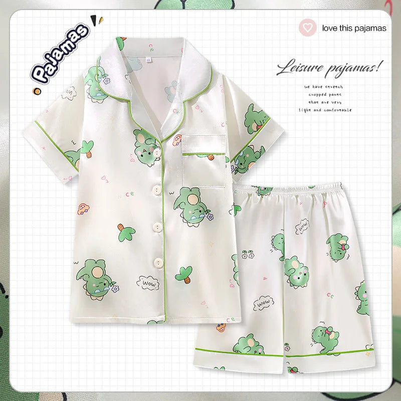 Anime 2Pcs Pikachu Boys Children Pajama Set Cartoon Girls Summer Thin Version Ice Silk Lapel Short Sleeve T-Shirt Shorts Pijamas