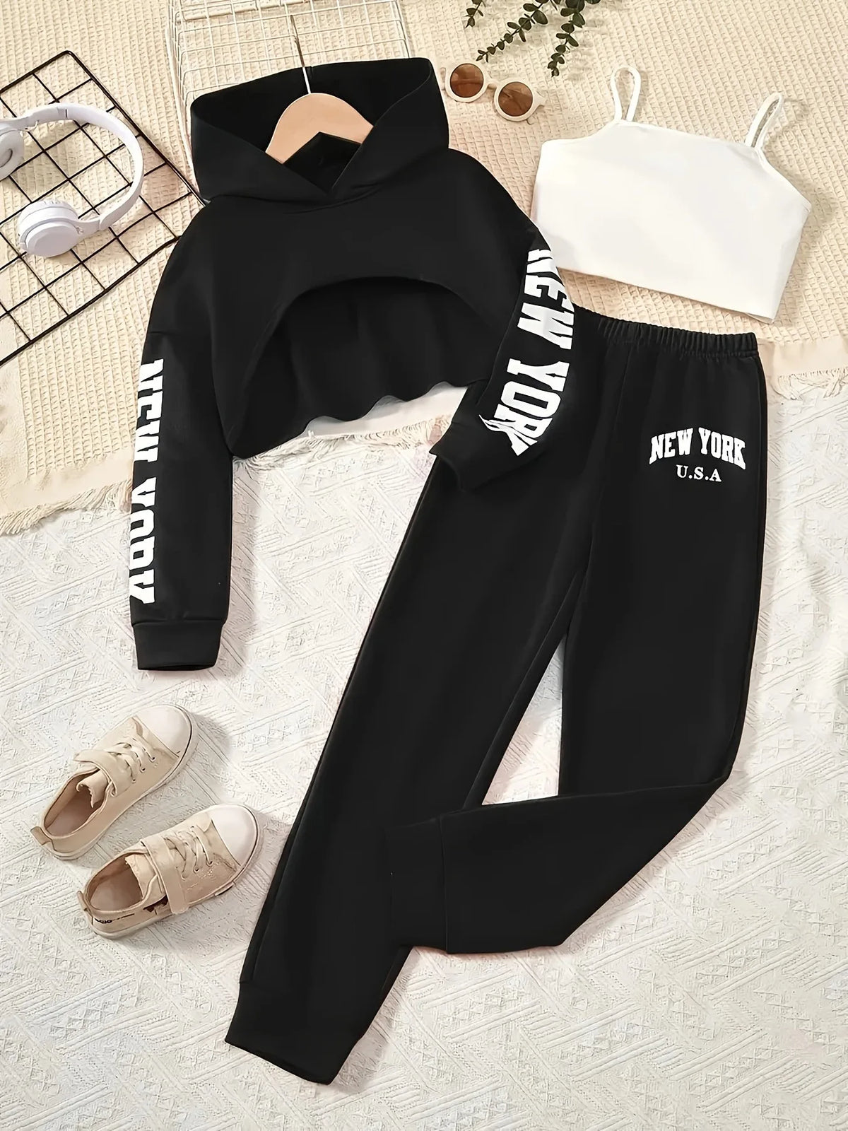 Girls 3-Piece "New York" Outfit - Black Cropped Hoodie, White Cami Top & Jogger Pants Set for Kids