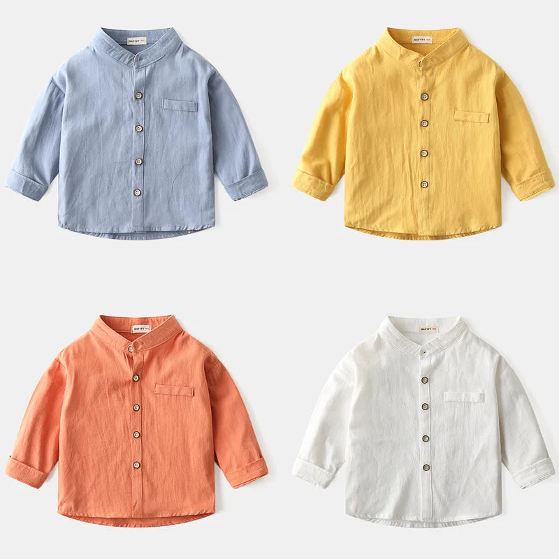 Kids Solid Color Shirts 100 Cotton Long‑Sleeve Stand Collar Loose Fit Tops For 1‑6Y Toddler Boy Girls Kindergarten Spring Outfit