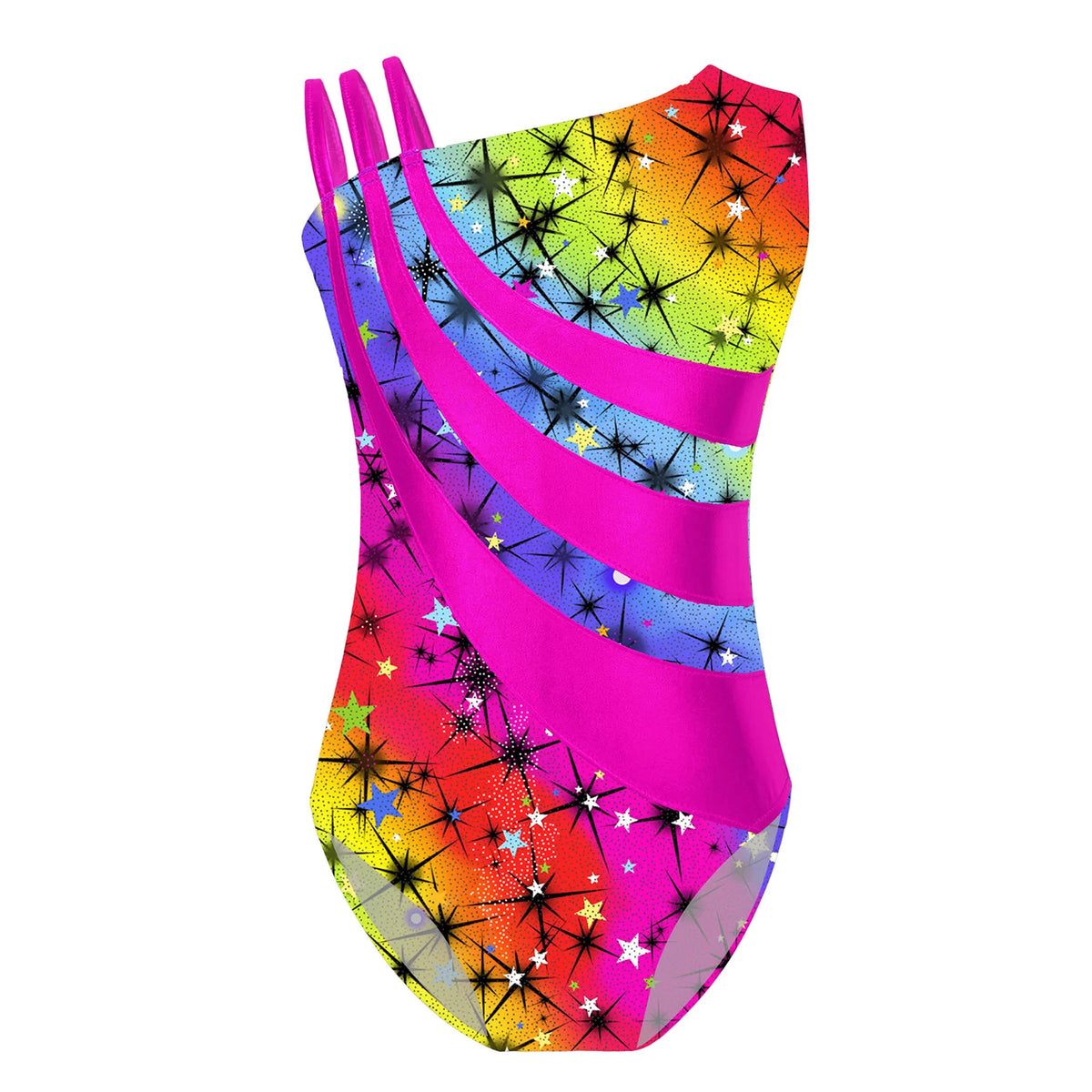 Kids Girls Gymnastics Swimsuit for Dancing Ballet Dancewear Metallic Shiny Leotard Print Asymmetrical Shoulder Strap Bodysuit