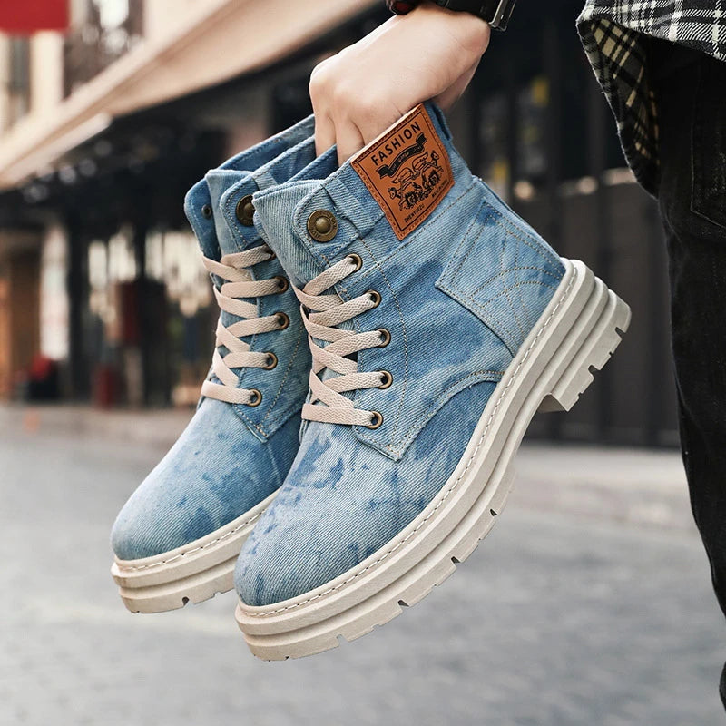 Men'S Denim High Top Boots Vintage Washed Blue Canvas Platform Shoes Lace Up Casual Combat Boots For Streetwear And All Seasons