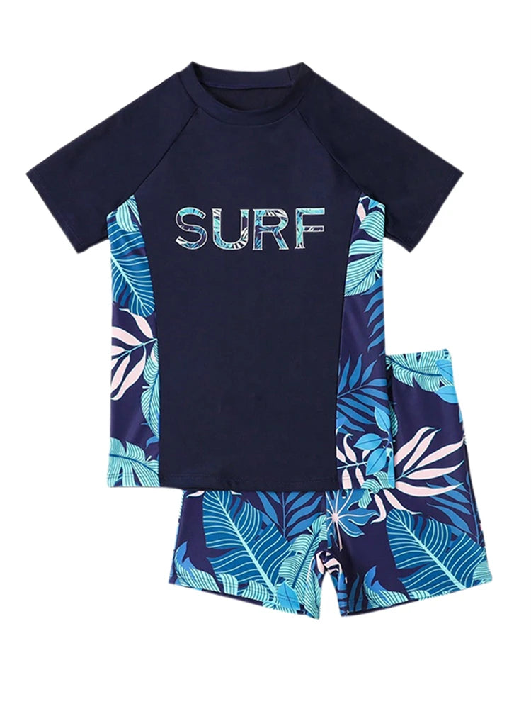 Boy Kids Swimsuit 2026 New Solid Print Short Sleeve Children Swimwear Summer Two Piece Split Beachwear Bathing Suit For Swimming