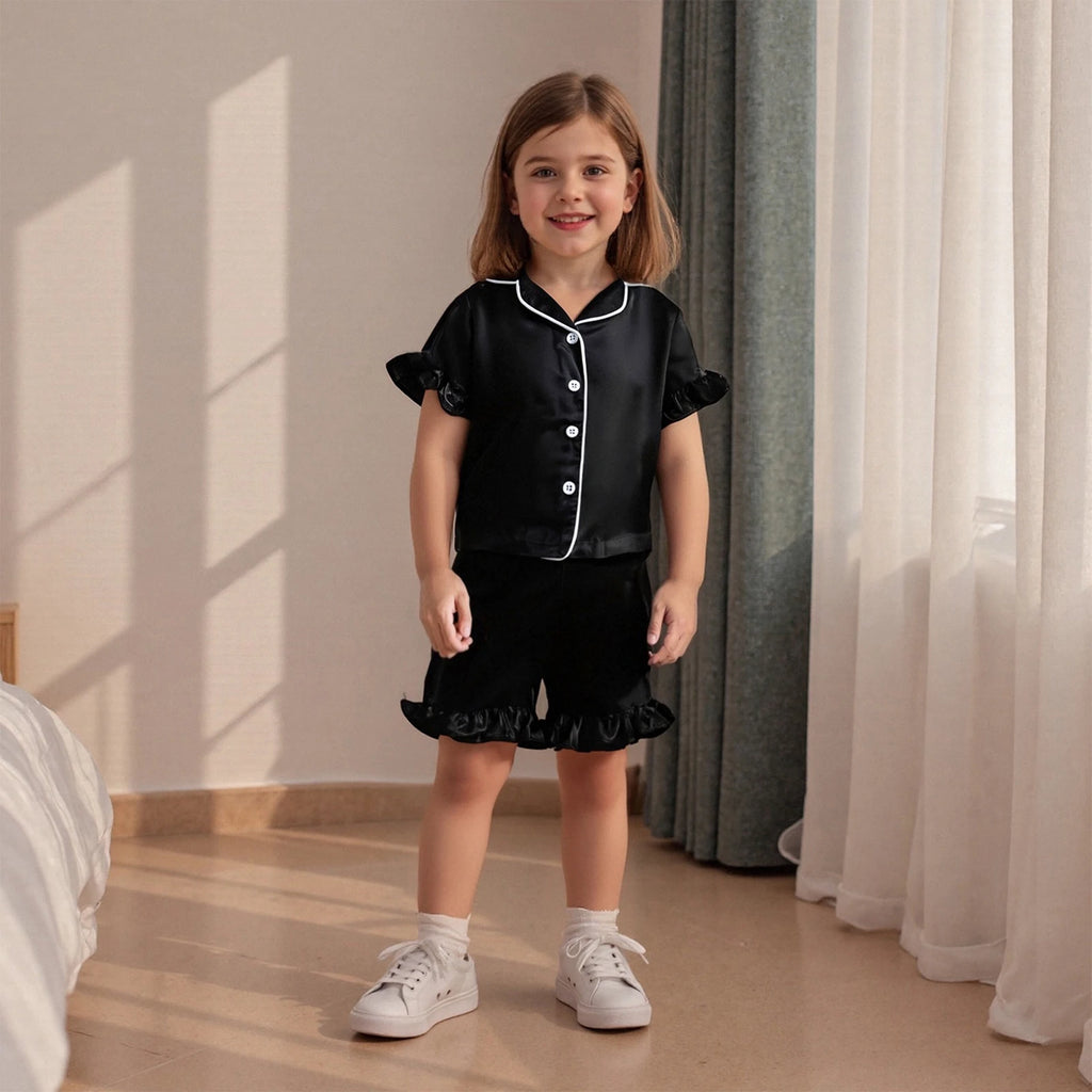 Toddler Girls Pajamas Sets Fashionable Ruffled Lapel V Neck Short Sleeve Tops with Solid Color Shorts 2Pcs Sleepwear