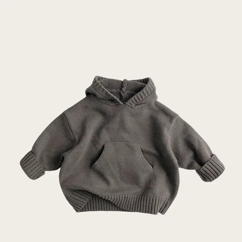 Spring Kids Hooded Knitted Sweater 1-6Y Girls Boys Cotton Solid Color Vintage Tops 2026 Children Pocket Pullover Outside Wear