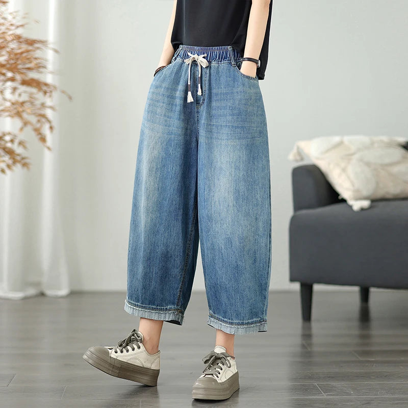 Casual High Waist Wide Leg Jeans Women's Loose Fit Slimming Summer Thin Sle Lantern Pants  Lyocell Fabric Water Wa