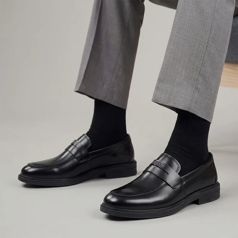 Men Black Penny Loafers Slip‑on Thick Sole Business Casual Office Daily Men Leather Shoes