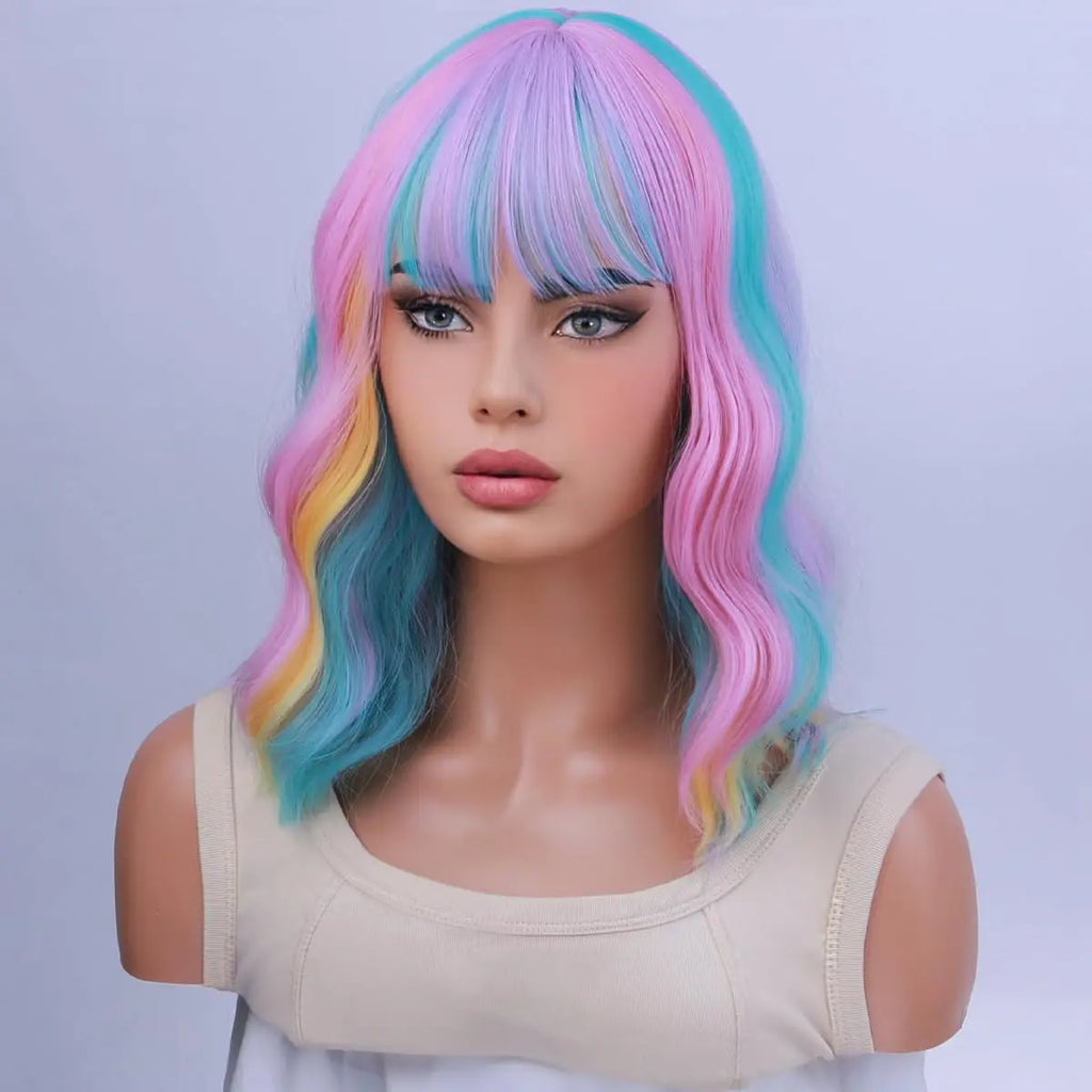Women's Rainbow Short Curly Wavy Wig Multi-Color Bob with Bangs Heat-Resistant Synthetic Hair for Cosplay Costume Party