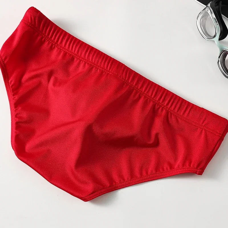 Men's Solid Color Low Waist Swimming Briefs with Tie Rope Quick Dry Double Layer Beach Shorts Anti-Embarrassment Swimwear