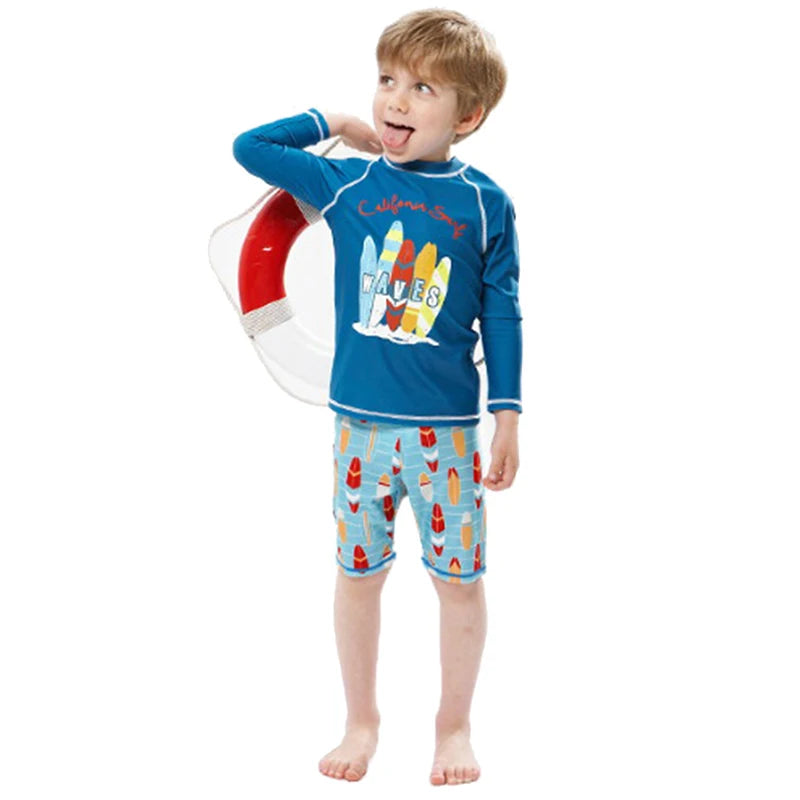 Children's Cartoon Swimsuit 2pcs Set Boys Swimwear Cool Print Summer Baby Swimming Clothes  Beach Surfing Teen Bathing Suits
