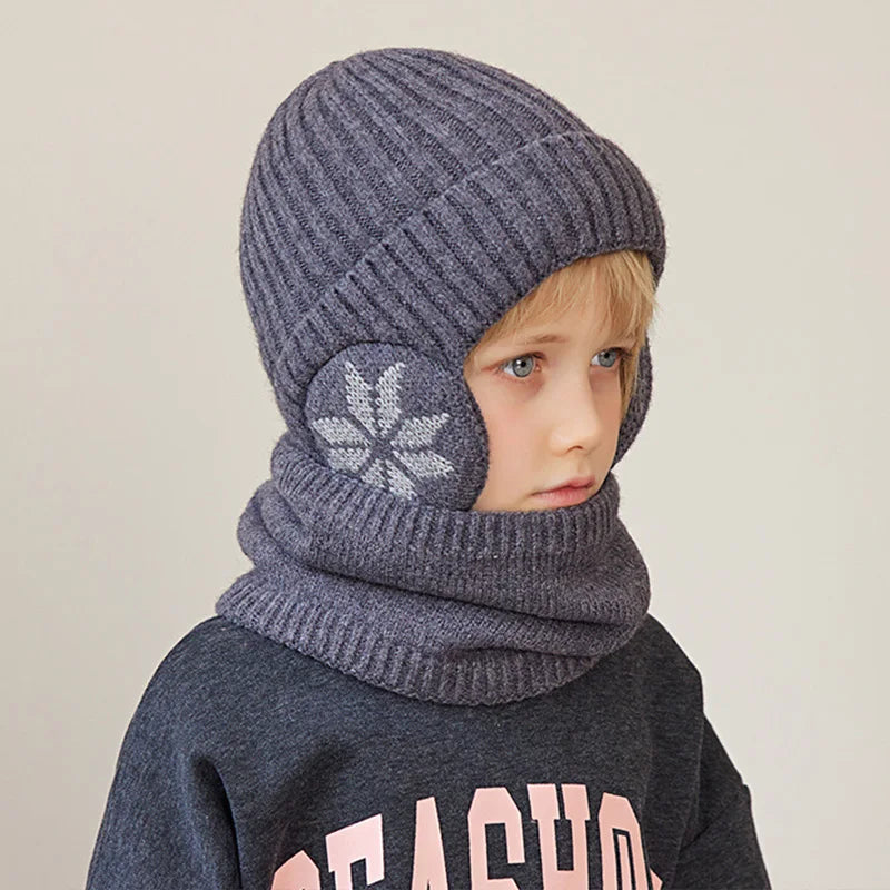 Kids Winter Knitted Hat Scarf Set for Boys Girls 2Pcs Fleece Lined Warm Earflaps Children Beanie Cap Neck Warmer for 4-10Y