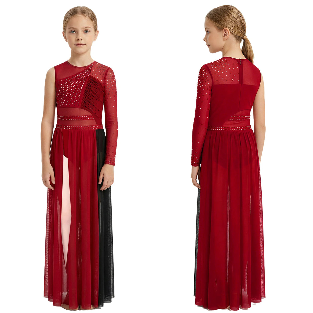 Kids Girls Lyrical Contemporary Dance Dress Patchwork Side Split Mesh Shiny Rhinestones Dresses Competition Performance Costumes