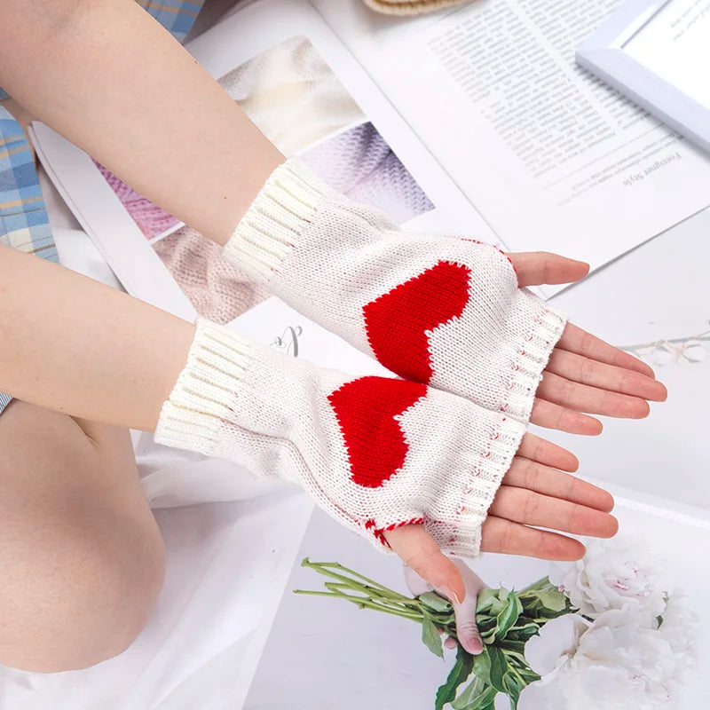 Women Gloves Stylish Hand Warmer Winter Glove Girls Arm Crochet Knitting Goth Lolita Heart Mitten Warm Fingerless Cosplay Gloves