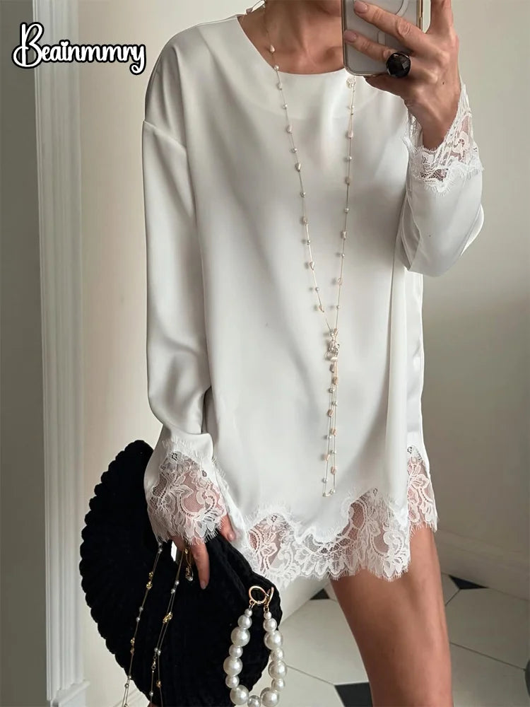 Lace Patchwork Women Mini Dress Long Sleeve Women O Neck Casual 2026 Straight Spring Female Dresses Casual Solid Beach Robes