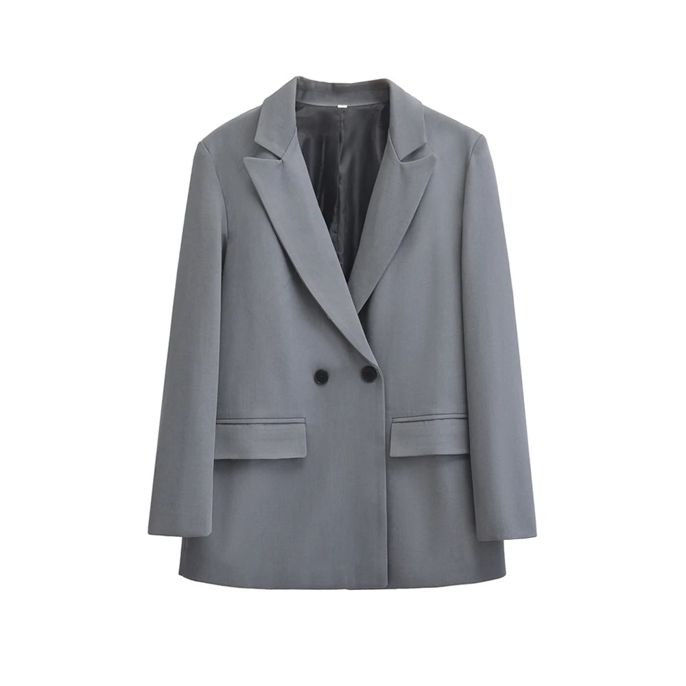 2025 Fashion Simple Loose Double Breasted Blazer Coat Long Sleeve Flap Pockets Female Outerwear Chic Tops Office Outwear
