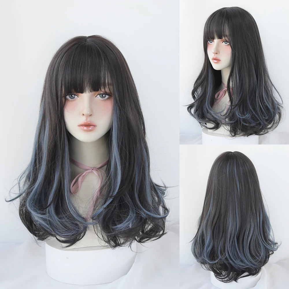 Long Curly Hair Women Wig with Bangs Daily Brown Black Pink Lolita Cosplay Braided Wigs Heat Resistant Fiber Party Fake Hair