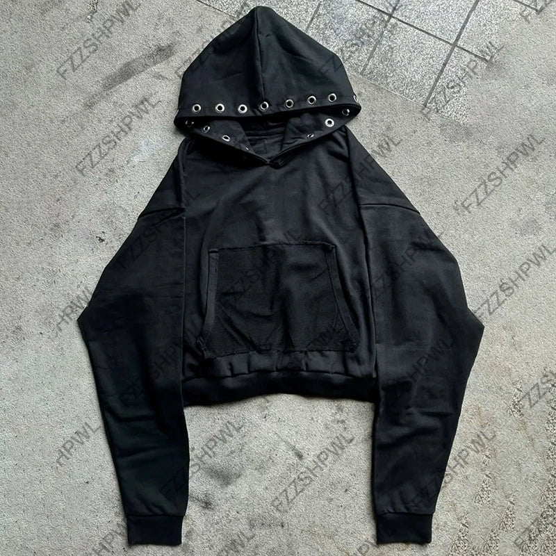 Pore decoration Hip Hop Y2K Hooded sweatshirt Solid color Punk Pullover Rock Goth Oversized Zipper Hoodie sweatshirt Streetwear