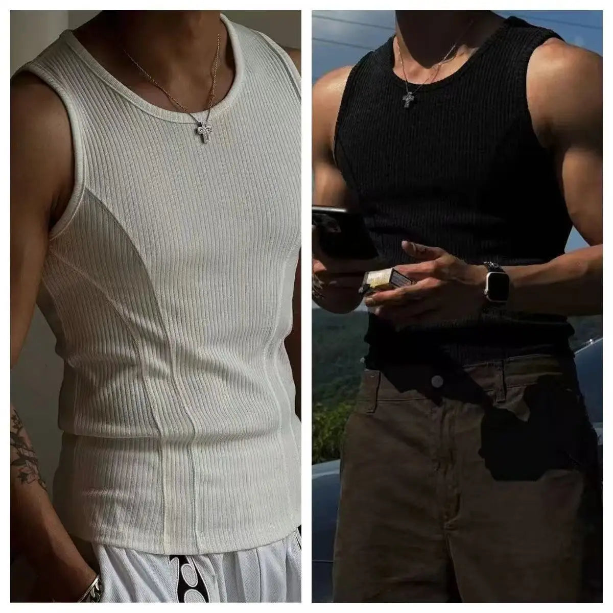 Mens Ribbed Sleeveless Tank Top Activewear Fitness Sports Bodybuilding Vest Breathable Quick-drying Elastic Undershirt Gym Top