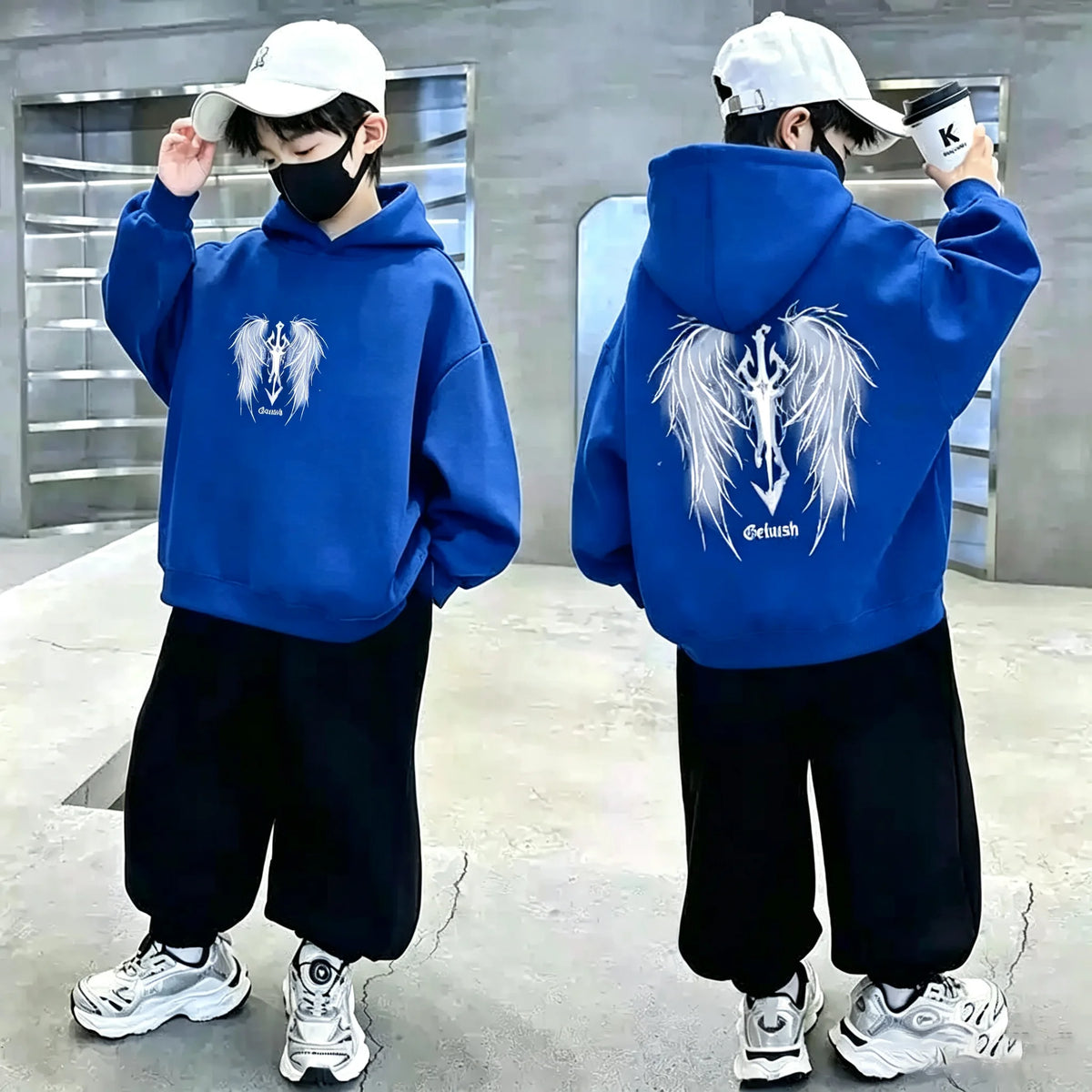 Boys Hoodie Streetwear Angel Wings Trident Print Kids Loose Hooded Sweatshirt Casual Teen Pullover