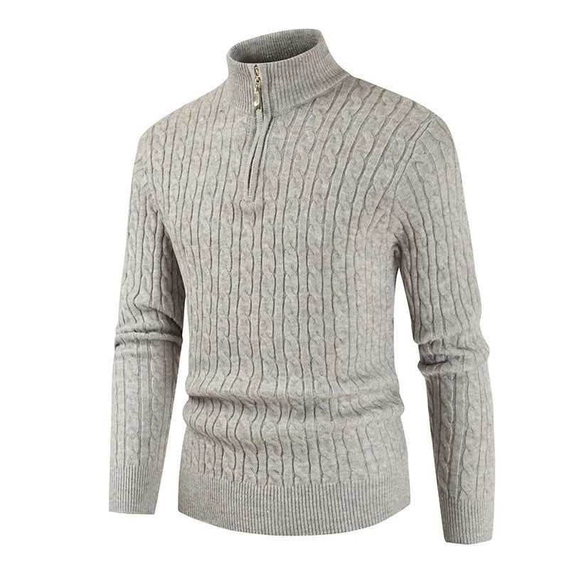 New Men's Warm Knitted Sweaters Standing Neck Zipper Autumn Winter Warm Tops Solid Color Jacquard Long Sleeve Pullovers for Men
