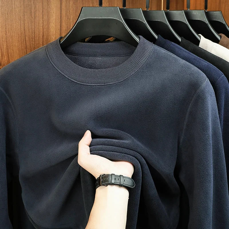 Autumn and Winter Men's Velvet Hoodie Long Sleeve Round Neck Solid Color Fashion Casual Versatile Top