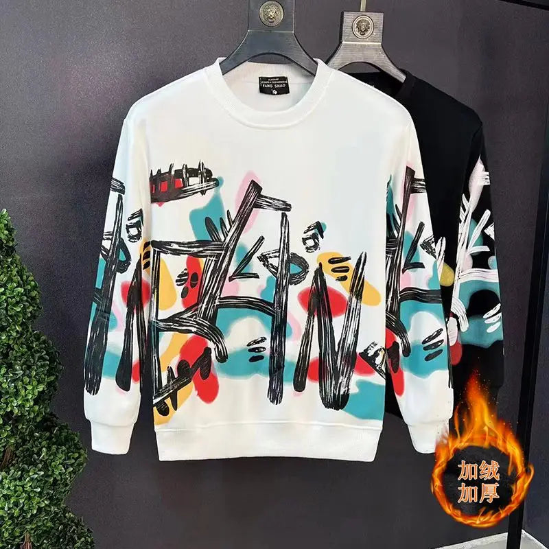 Premium Graffiti Hoodie Men's Trendy T-shirt Spring and Autumn Long Sleeve 2024 New Winter Coat with Velvet