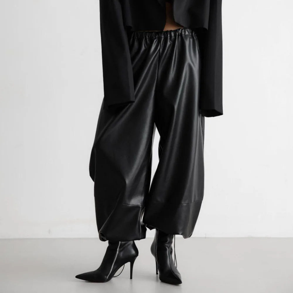 Women's Leather Pants with Drawstring and Tapered Cuffs New Style for Autumn and Winter 2025 Loose Fit.