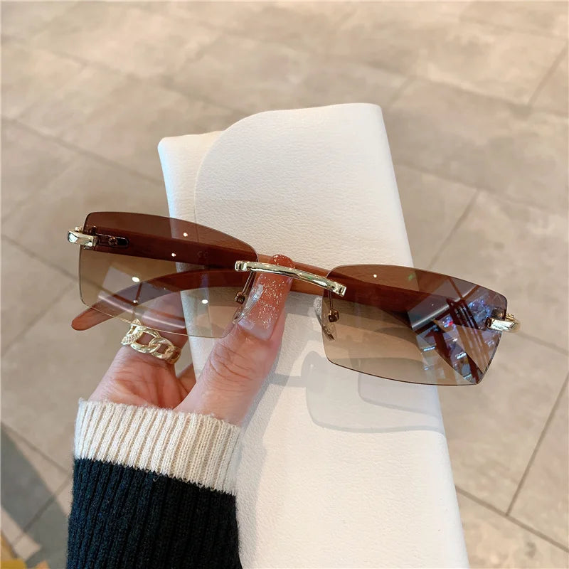 Rimless Sunglasses For Men Women Wooden Designer Luxury Brand Retro Sun Glasses Fashion Shades UV400 Travel Outdoor