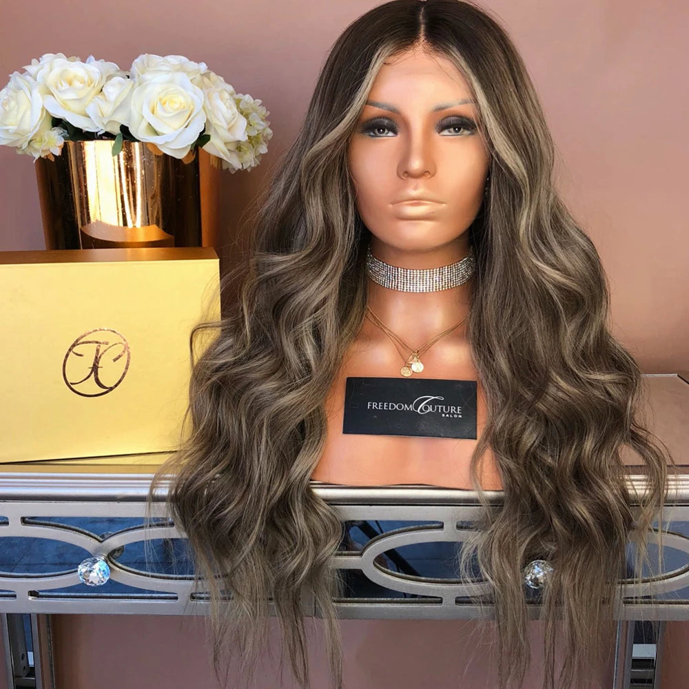 Synthetic Hair Wig Middle Part Curly Wig Brown with Blonde Natural Hair Long Daily Use Wigs for Women