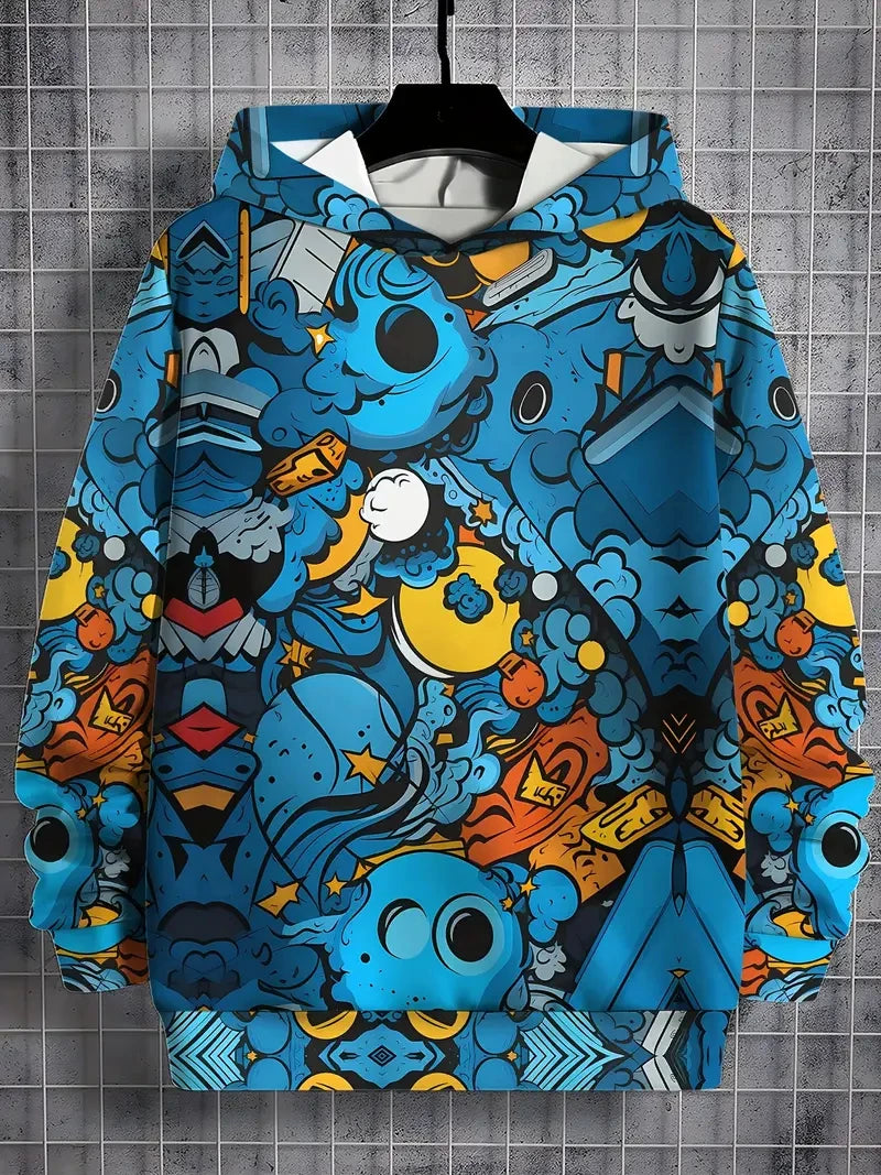 Colorful Cartoon Pattern Hoodies For Men Fun Anime Letter Ooops 3D Printed Sweatshirts Casual Long Sleeves Pullover Unisex Tops