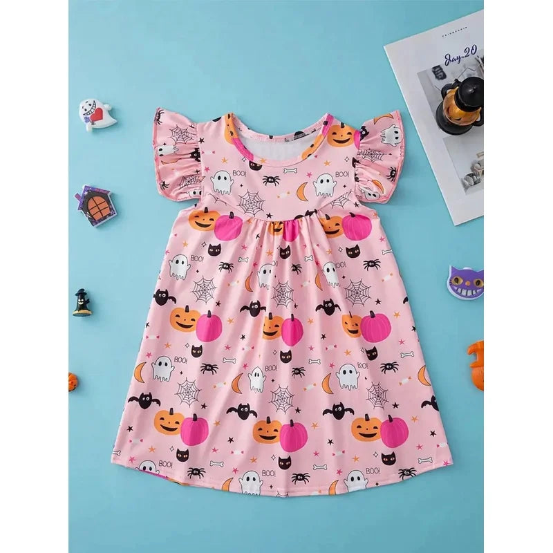 Children's Halloween Cartoon Print Dress Casual Elegant Fashionable round Neck Ruffled mid Length Skirt for Kids