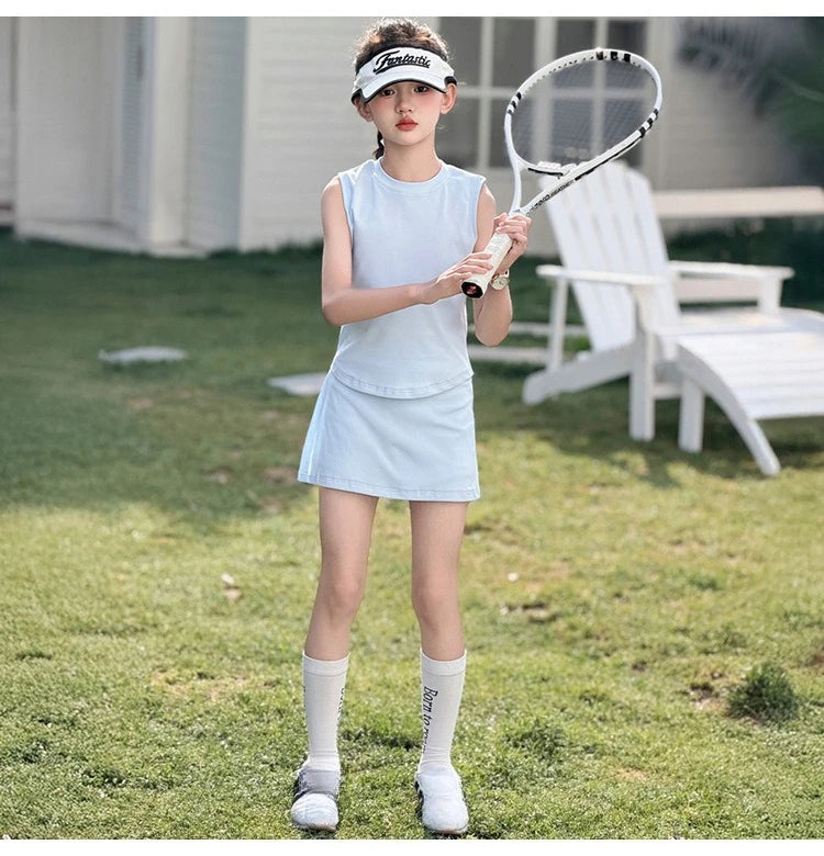 Girls Summer Sleeveless Set Sportswear Tennis Outfit 2026 New Casual Big Kids Skirt Pants Two Piece Set Thin