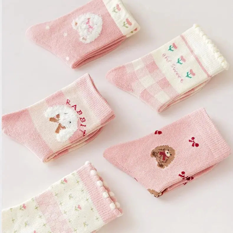 Children Socks Girls Socks Spring Autumn Lovely Bunny Cartoon Pattern Light Pink Socks Baby Cotton Socks for Kids 1-12Year-old